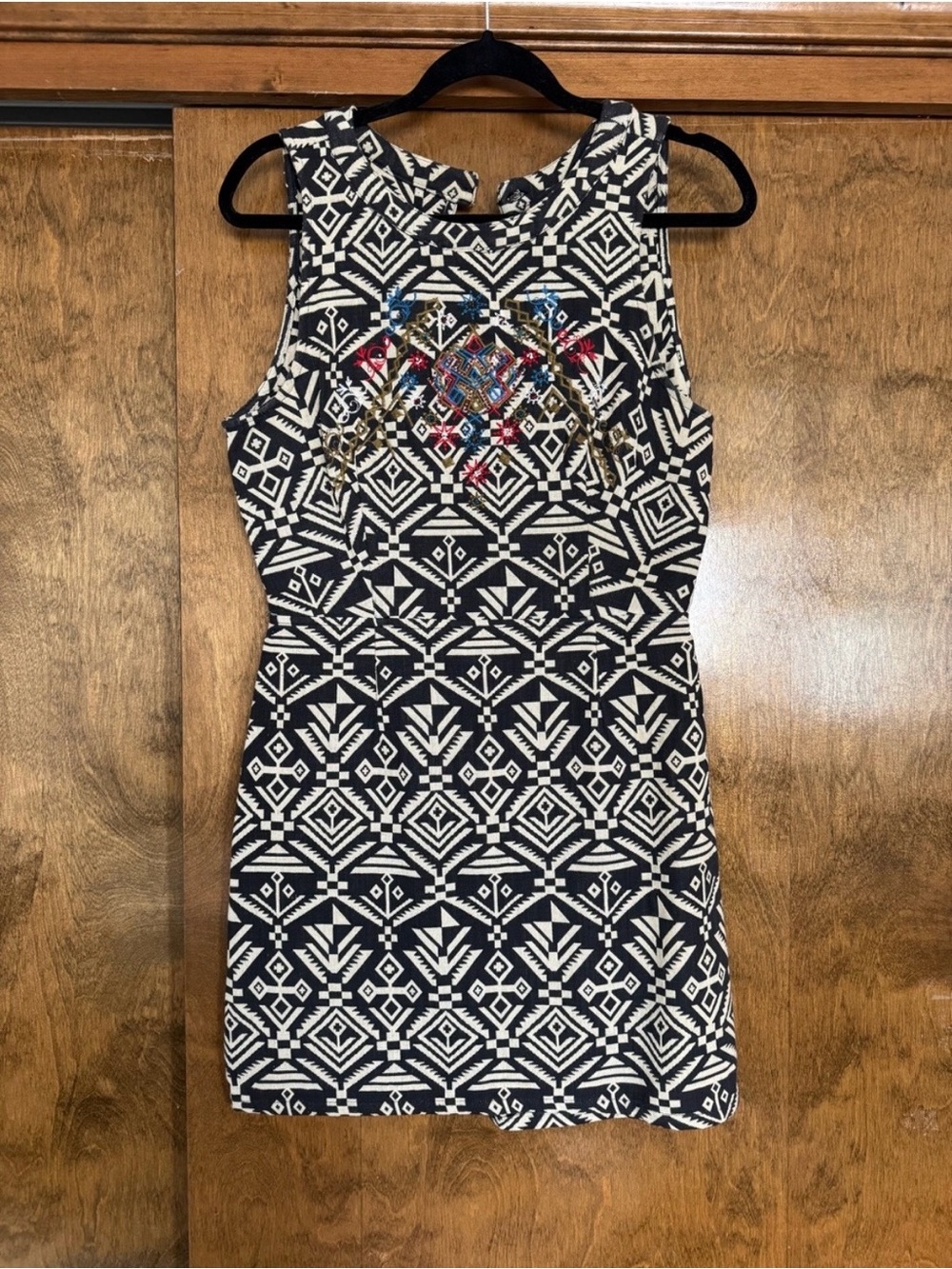 Astr Black and White Geometric Mini Dress with Multicolor Embroidery